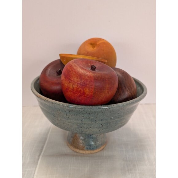 Handcrafted Studio Pottery Blue Gray Glaze Speckled Pedestal Bowl 7" Signed JW - Picture 3 of 11